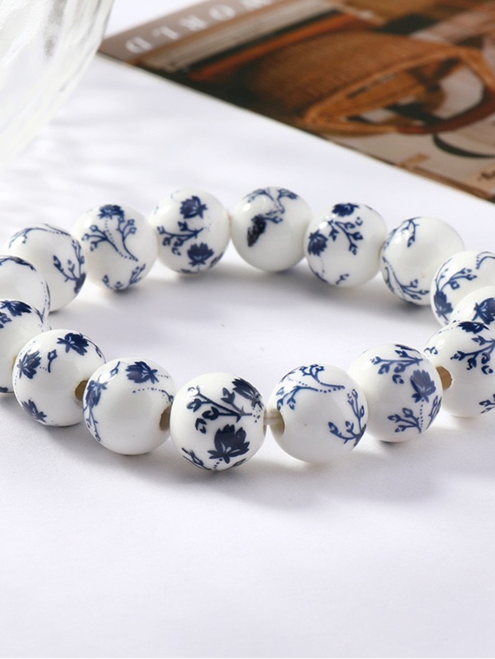 Blue and White Porcelain Floral Bead Bracelet